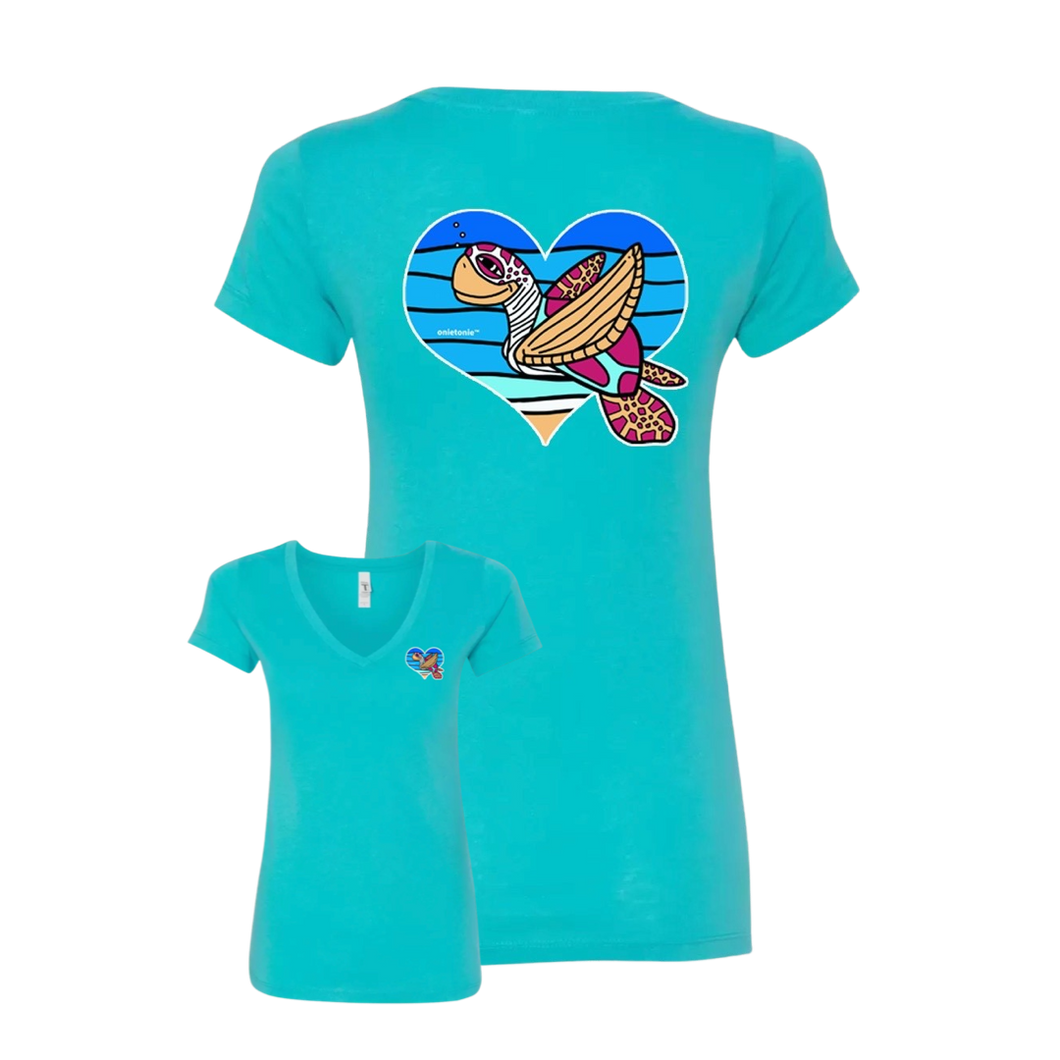 OnieTonie™ Women's V-Neck T-Shirt 'Sea Turtle Ocean Heart'